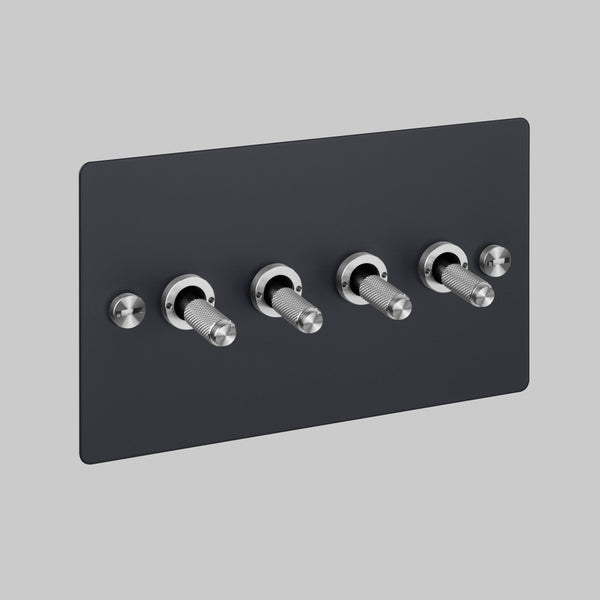 Four Gang 2 Way Light Switch in Black with Steel Cross Cut Knurled Toggles