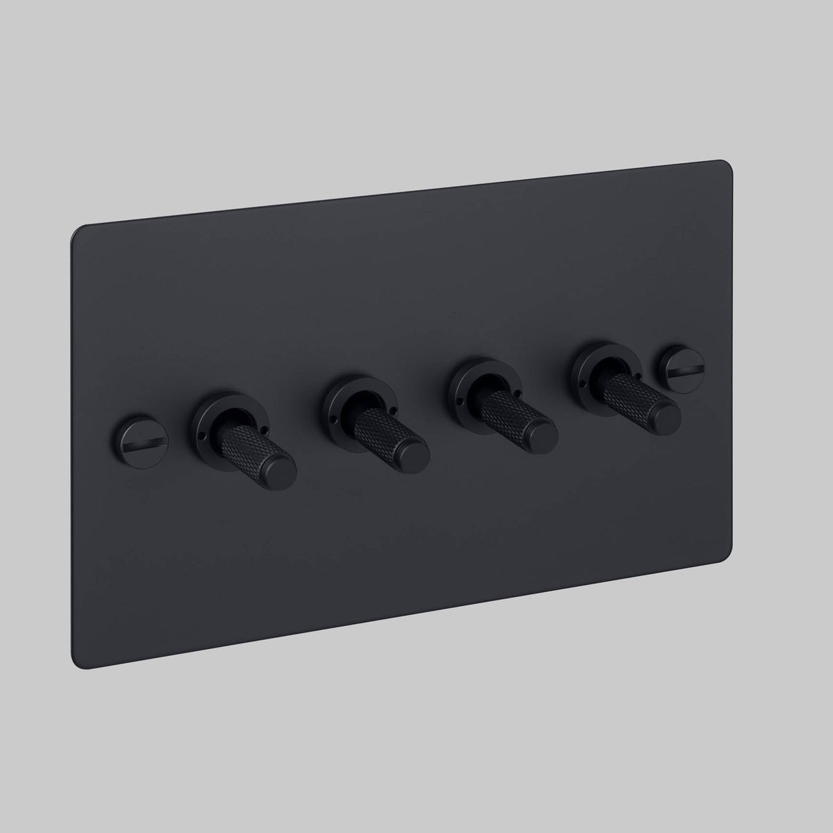 Four Gang 2 Way Light Switch in Black with Cross Cut Knurled Toggles