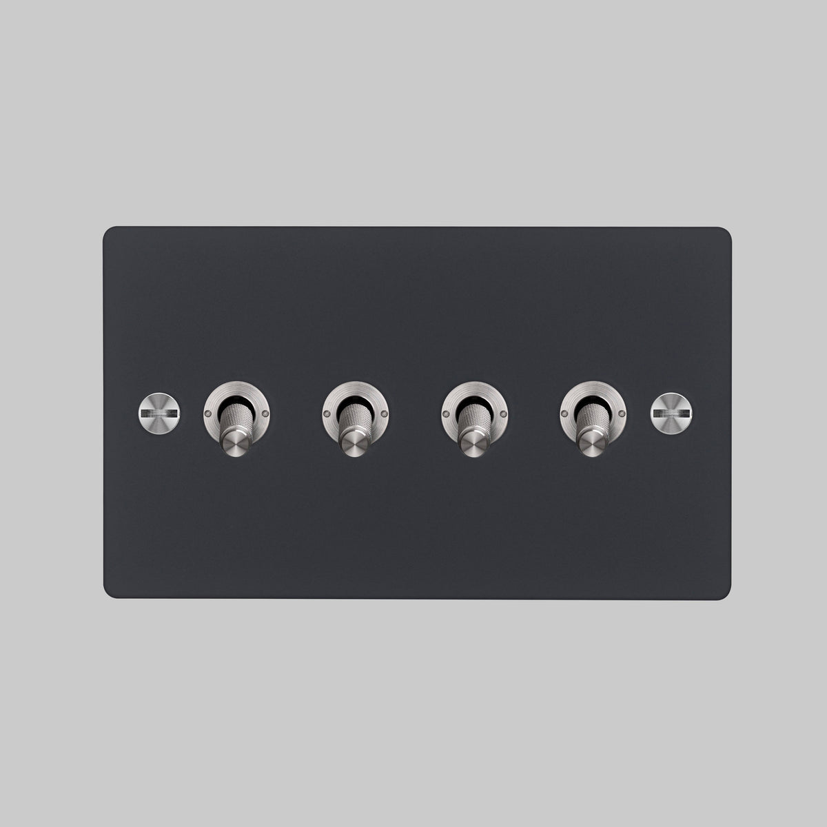 Four Gang 2 Way Light Switch in Black with Steel Cross Cut Knurled Toggles