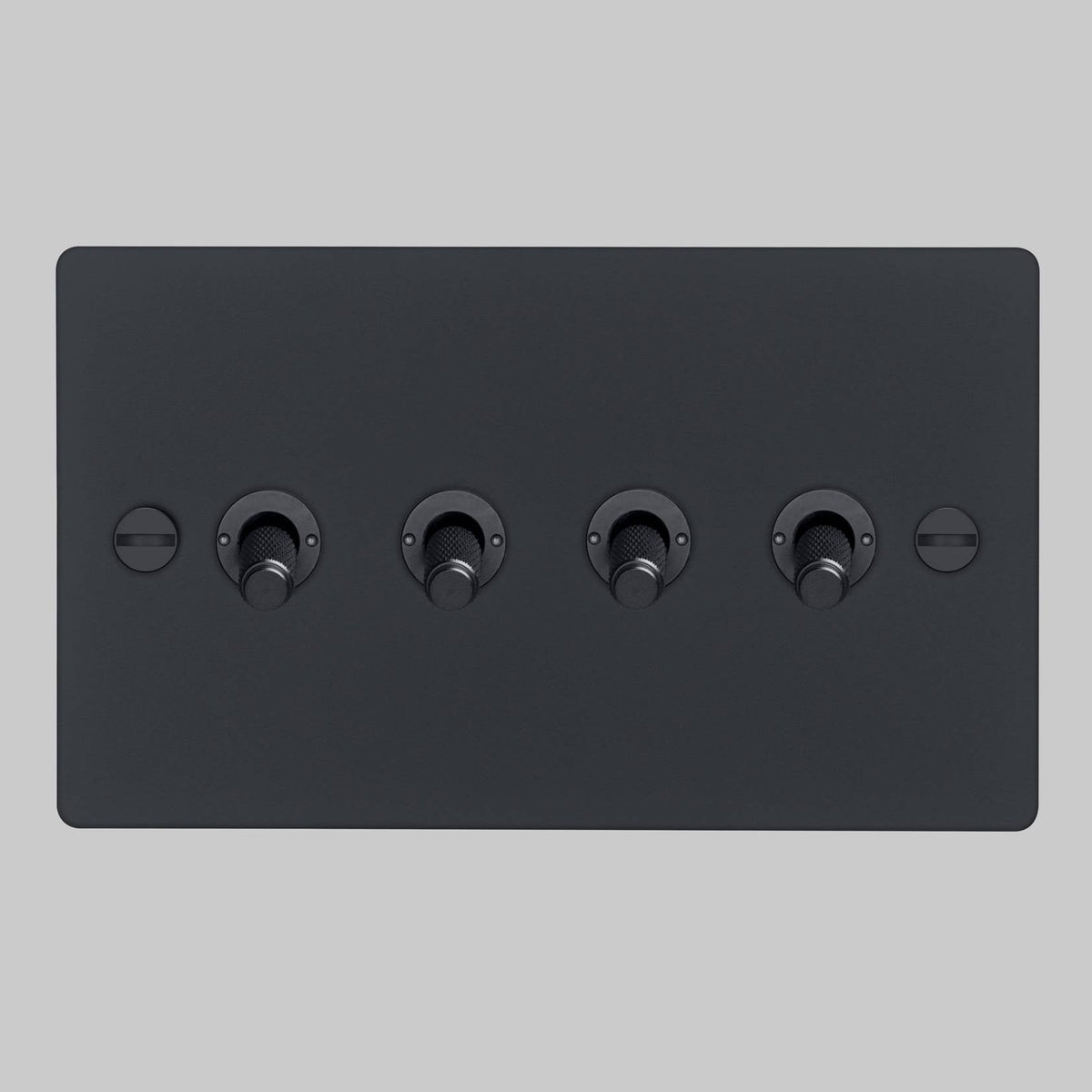 Four Gang 2 Way Light Switch in Black with Cross Cut Knurled Toggles