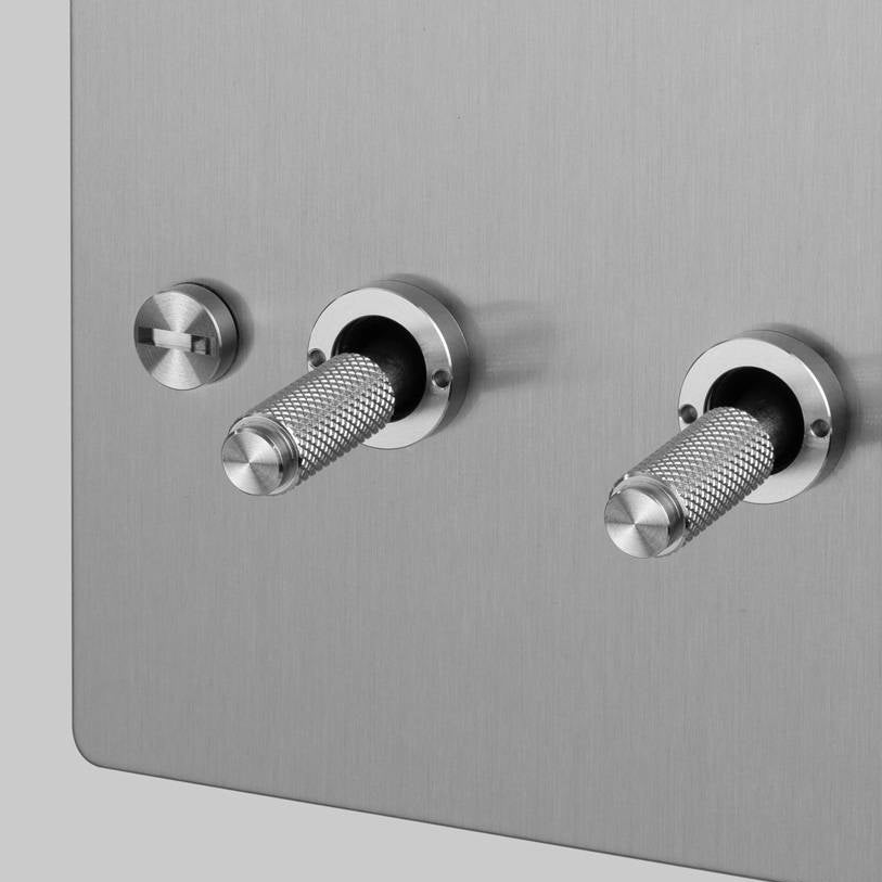 Four Gang 2 Way Light Switch in Steel with Cross Cut Knurled Toggles