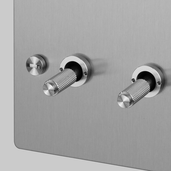Four Gang 2 Way Light Switch in Steel with Cross Cut Knurled Toggles