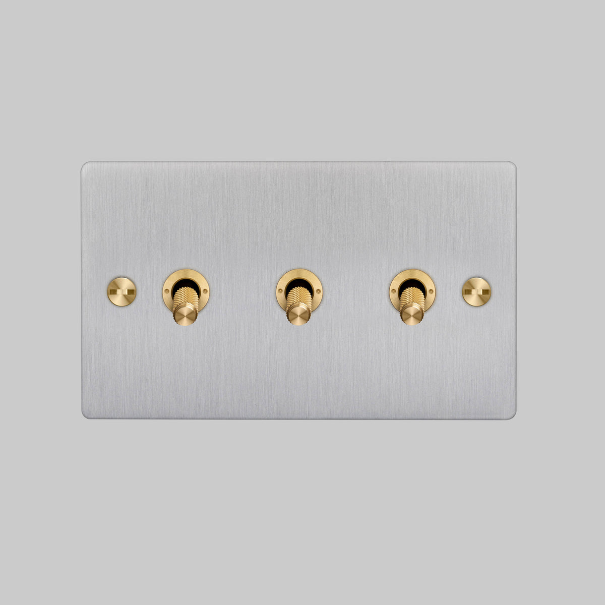 Three Gang 2 Way Light Switch in Steel with Brass Cross Cut Knurled Toggles