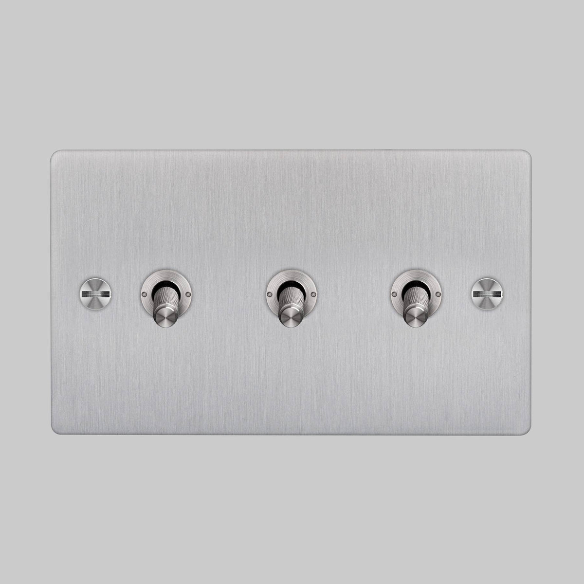 Three Gang 2 Way Light Switch in Steel with Cross Cut Knurled Toggles
