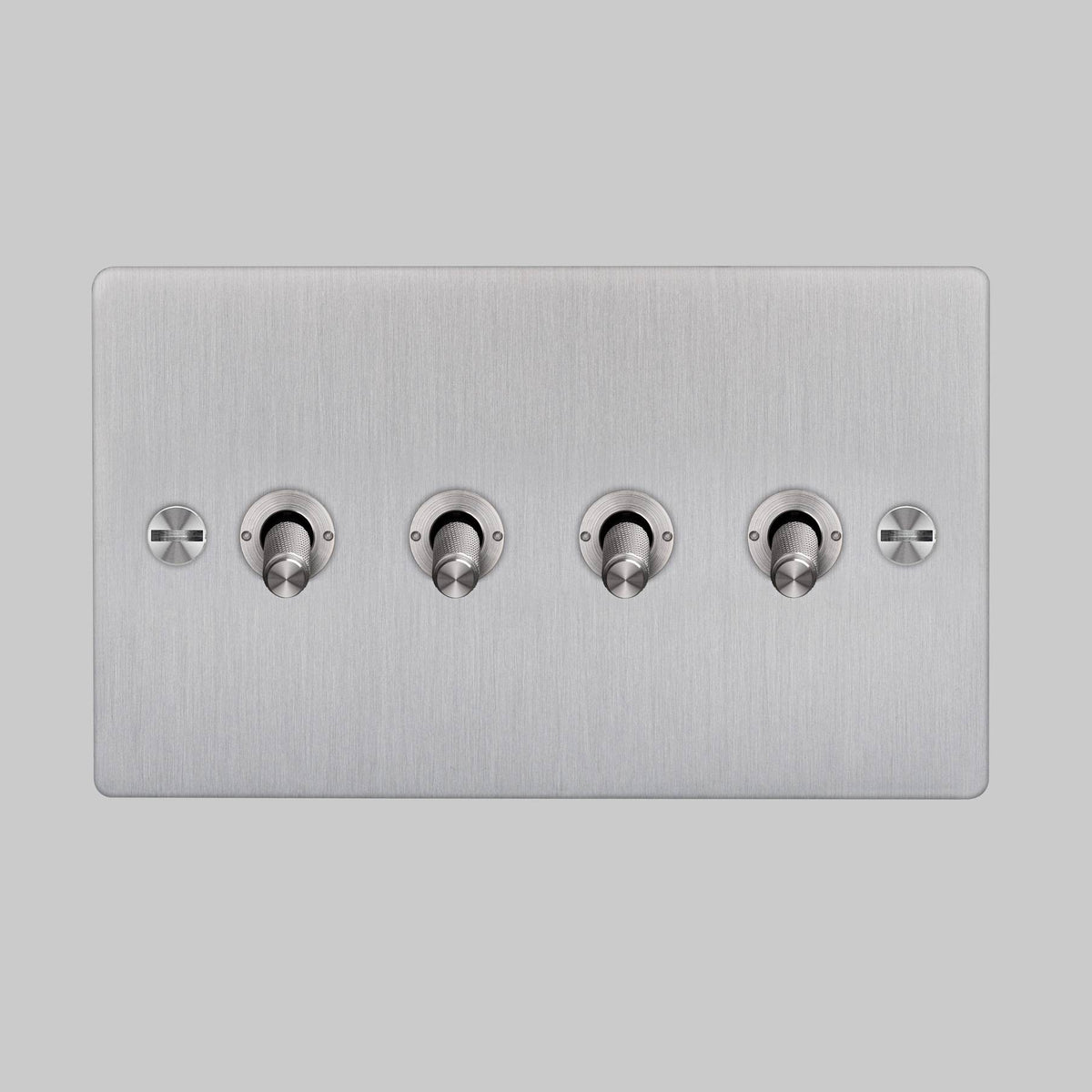 Four Gang 2 Way Light Switch in Steel with Cross Cut Knurled Toggles