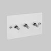 Three Gang 2 Way Light Switch in White with Steel Cross Cut Knurled Toggles