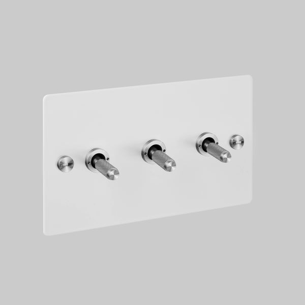 Three Gang 2 Way Light Switch in White with Steel Cross Cut Knurled Toggles