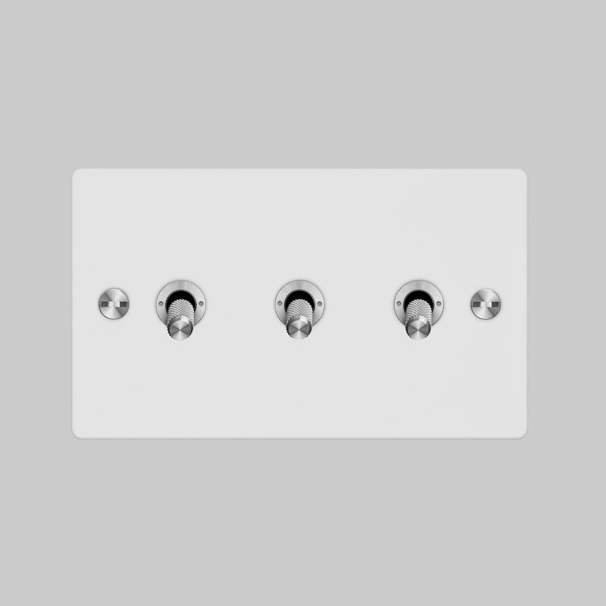 Three Gang 2 Way Light Switch in White with Steel Cross Cut Knurled Toggles
