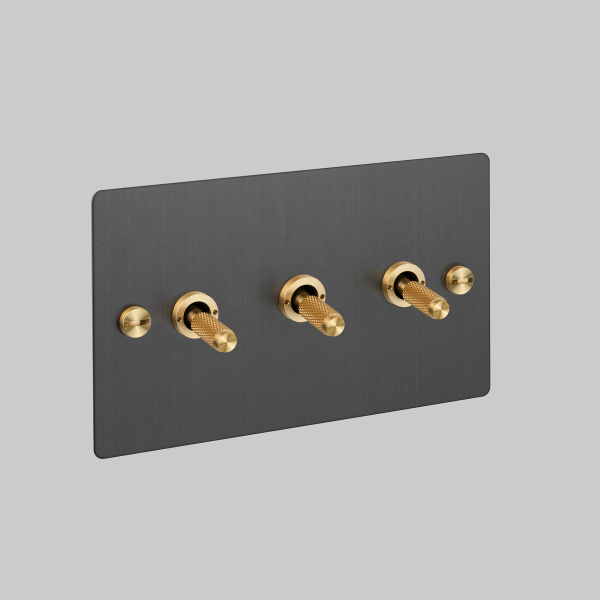 Three Gang 2 Way Light Switch in Smoked Bronze with Brass Cross Cut Knurled Toggles