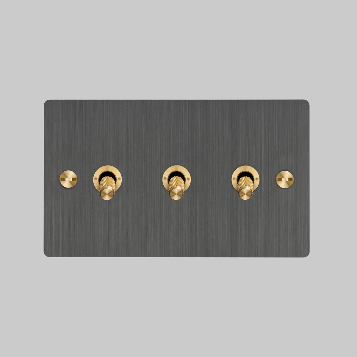 Three Gang 2 Way Light Switch in Smoked Bronze with Brass Cross Cut Knurled Toggles