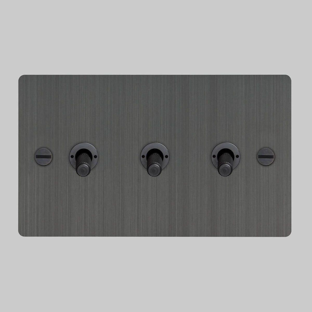 Three Gang 2 Way Light Switch in Smoked Bronze with Cross Cut Knurled Toggles