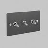Three Gang 2 Way Light Switch in Smoked Bronze with Steel Cross Cut Knurled Toggles