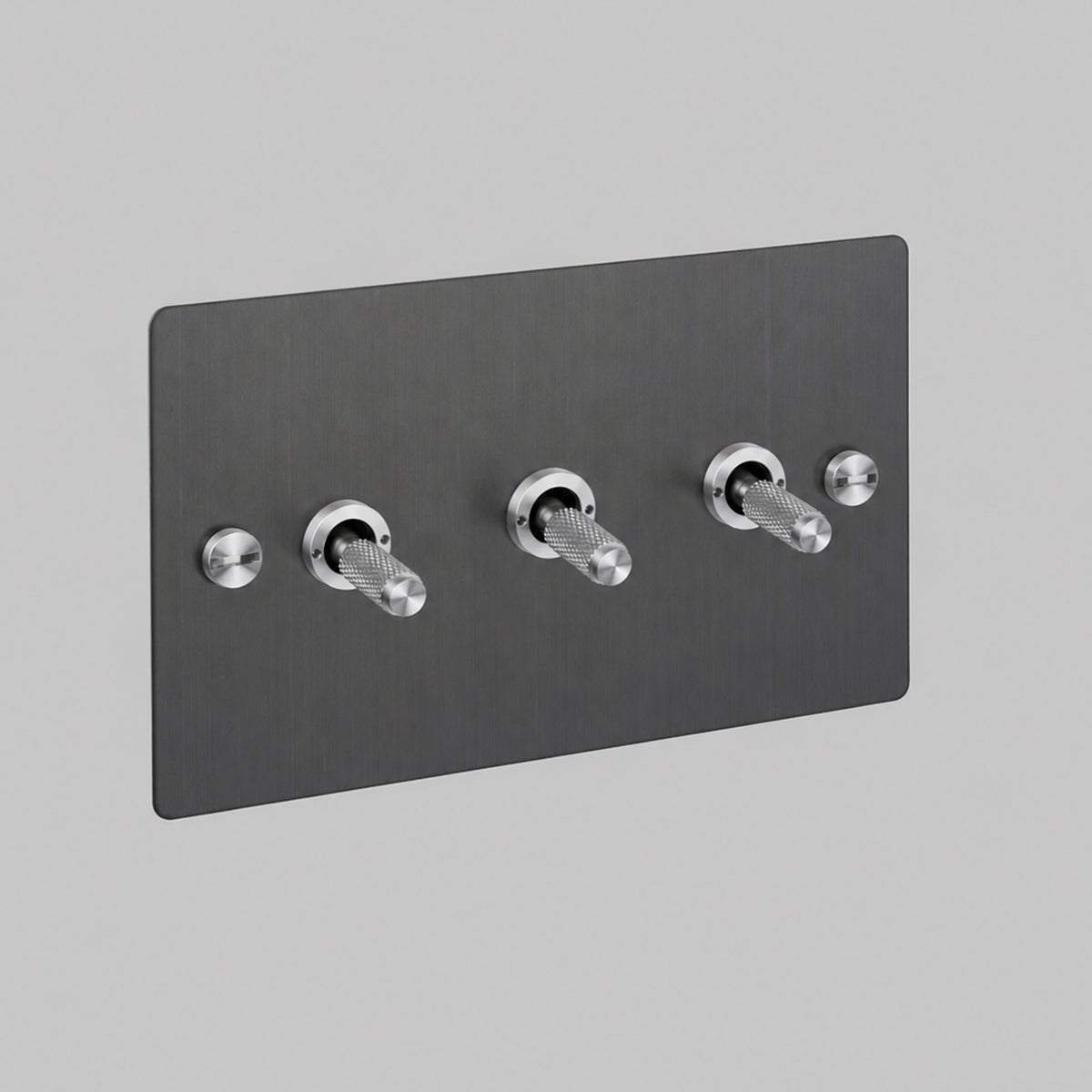 Three Gang 2 Way Light Switch in Smoked Bronze with Steel Cross Cut Knurled Toggles