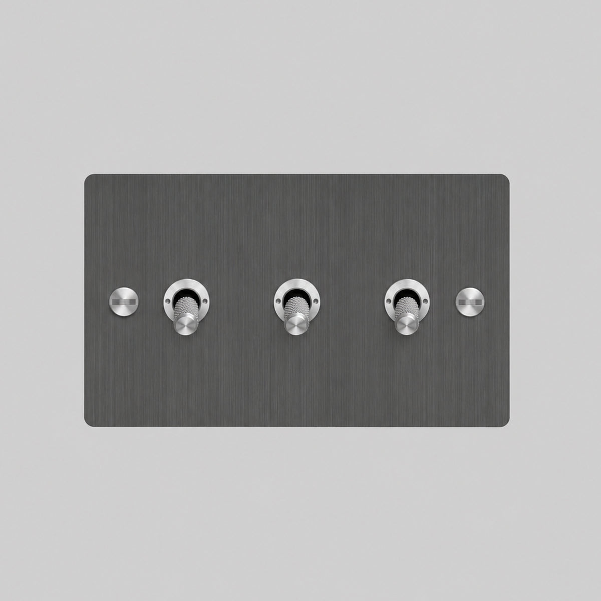 Three Gang 2 Way Light Switch in Smoked Bronze with Steel Cross Cut Knurled Toggles
