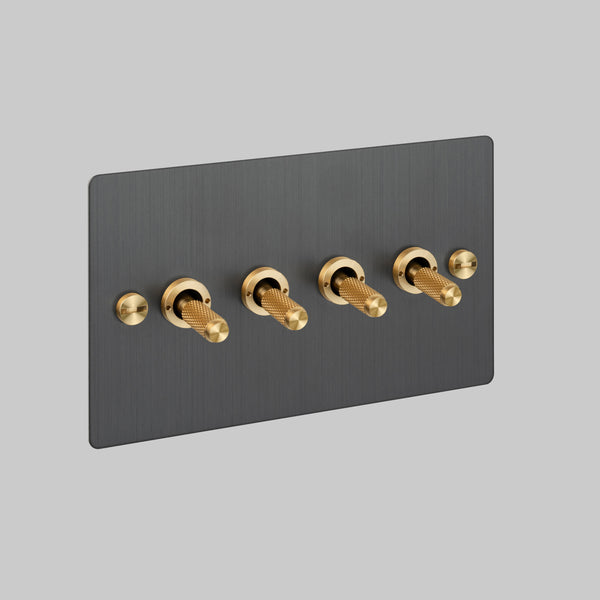 Four Gang 2 Way Light Switch in Smoked Bronze with Brass Cross Cut Knurled Toggles