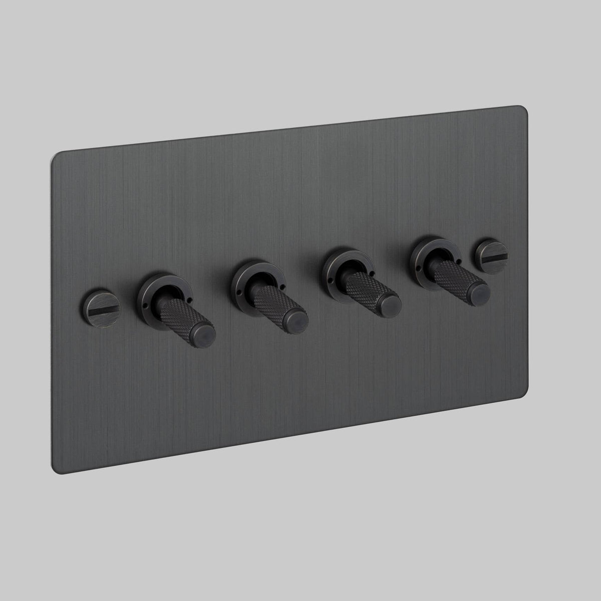 Four Gang 2 Way Light Switch in Smoked Bronze with Cross Cut Knurled Toggles
