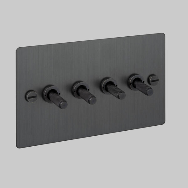 Four Gang 2 Way Light Switch in Smoked Bronze with Cross Cut Knurled Toggles