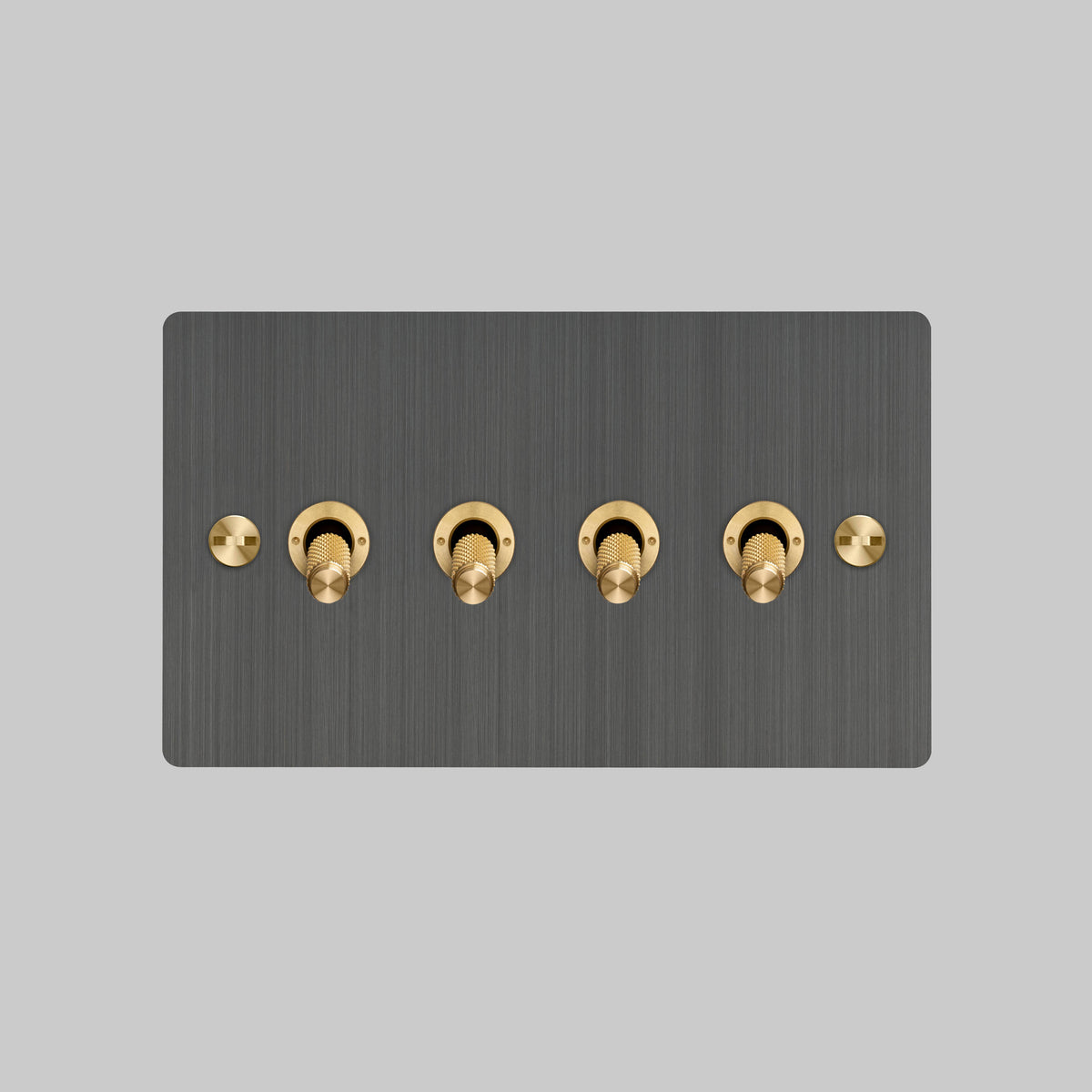 Four Gang 2 Way Light Switch in Smoked Bronze with Brass Cross Cut Knurled Toggles