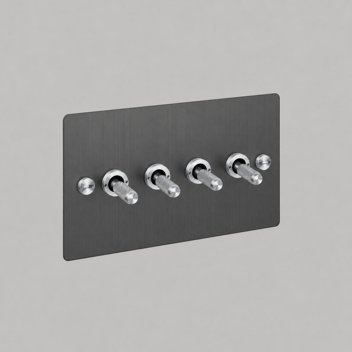 Four Gang 2 Way Light Switch in Smoked Bronze with Steel Cross Cut Knurled Toggles