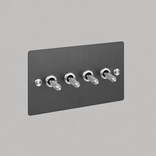 Four Gang 2 Way Light Switch in Smoked Bronze with Steel Cross Cut Knurled Toggles