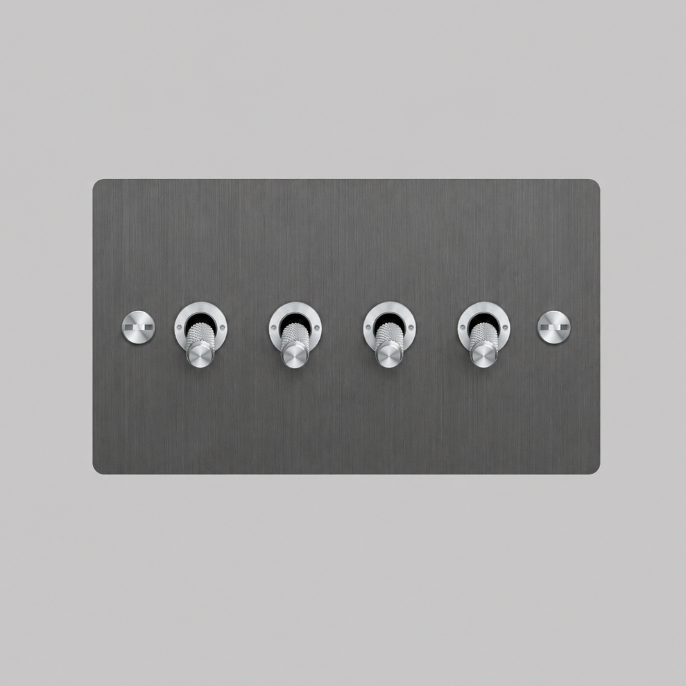 Four Gang 2 Way Light Switch in Smoked Bronze with Steel Cross Cut Knurled Toggles