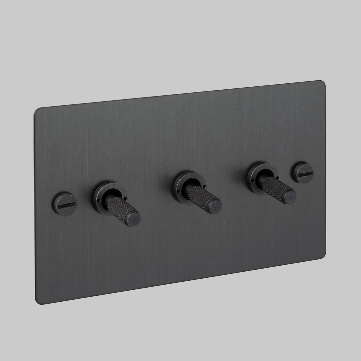 Three Gang 2 Way Light Switch in Smoked Bronze with Cross Cut Knurled Toggles