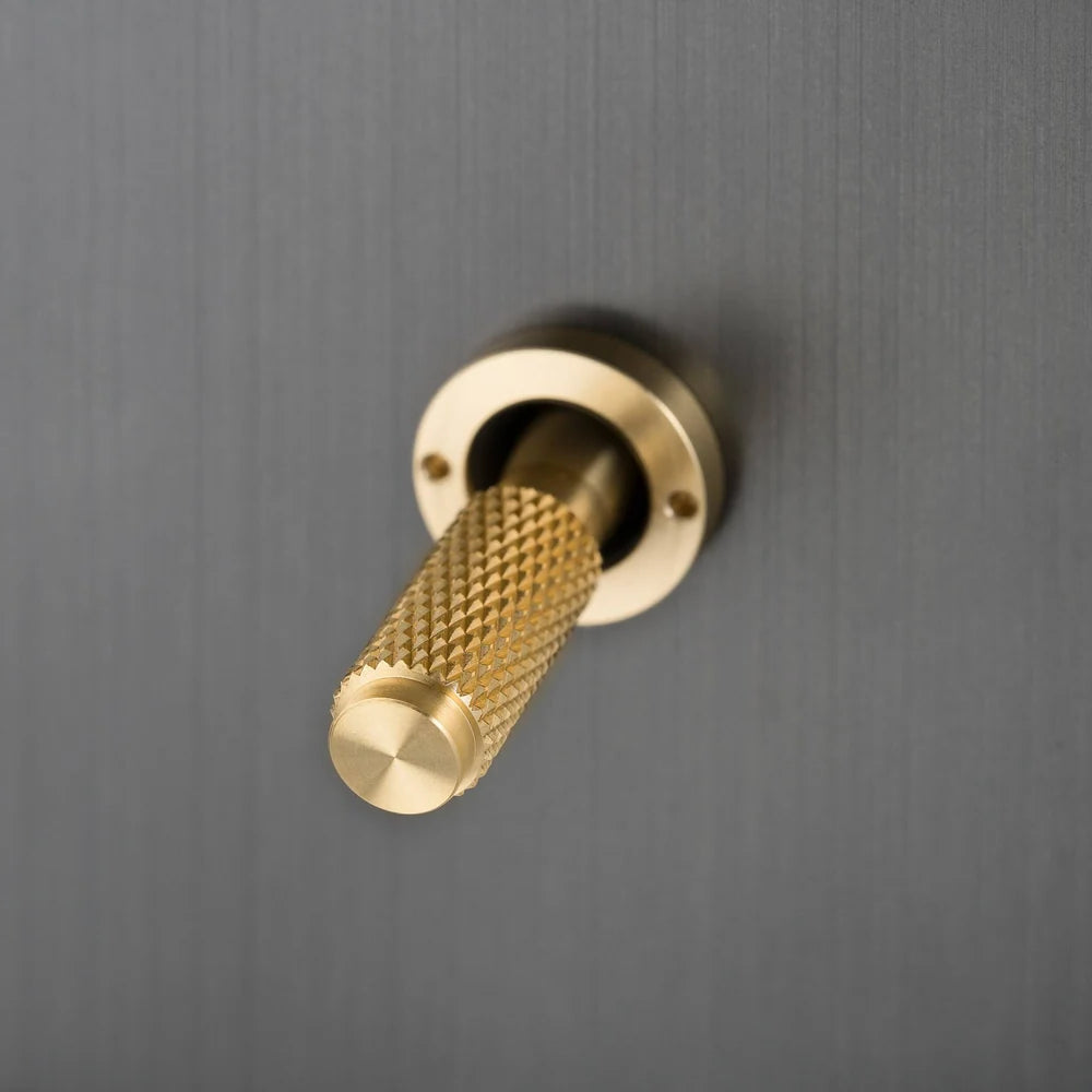 One Gang 2 Way Light Switch in Smoked Bronze with Brass Cross Cut Knurled Toggle
