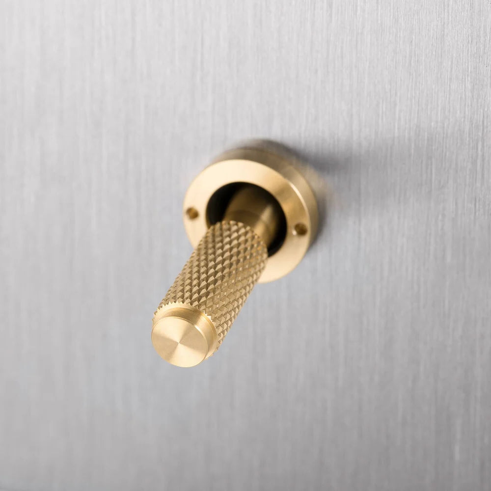 One Gang 2 Way Light Switch in Steel with Brass Cross Cut Knurled Toggle