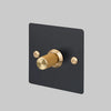 One Gang 2 Way Dimmer Light Switch in Black with Brass Linear Knurled Knob