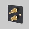 Two Gang 2 Way Dimmer Light Switch in Black with Brass Linear Knurled Knob