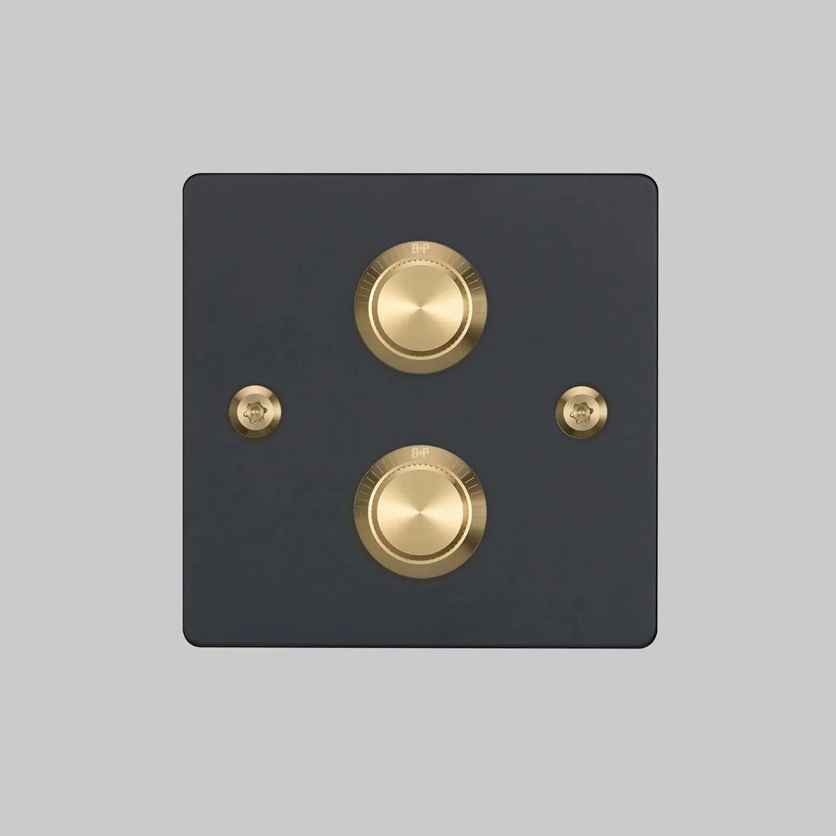 Two Gang 2 Way Dimmer Light Switch in Black with Brass Linear Knurled Knob