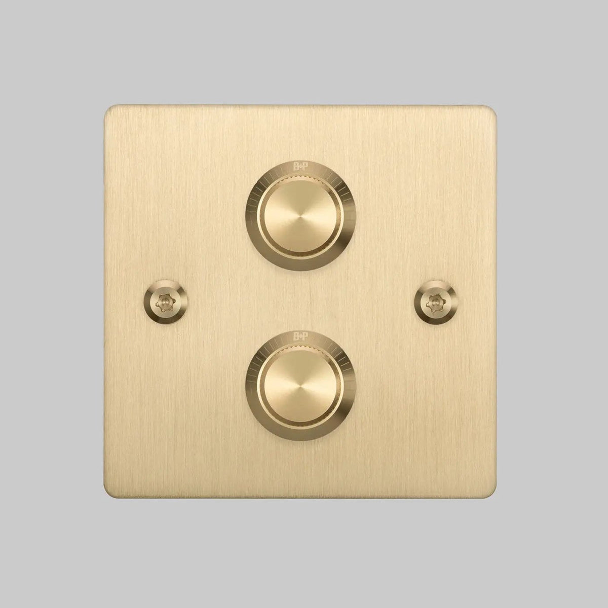 Brushed brass 2-gang dimmer switch with two circular knobs and visible screw fixings