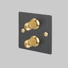 Two Gang 2 Way Dimmer Light Switch in Smoked Bronze with Brass Linear Knurled Knob