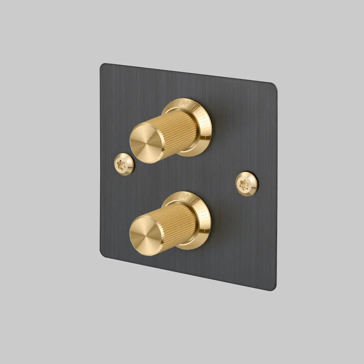 Two Gang 2 Way Dimmer Light Switch in Smoked Bronze with Brass Linear Knurled Knob