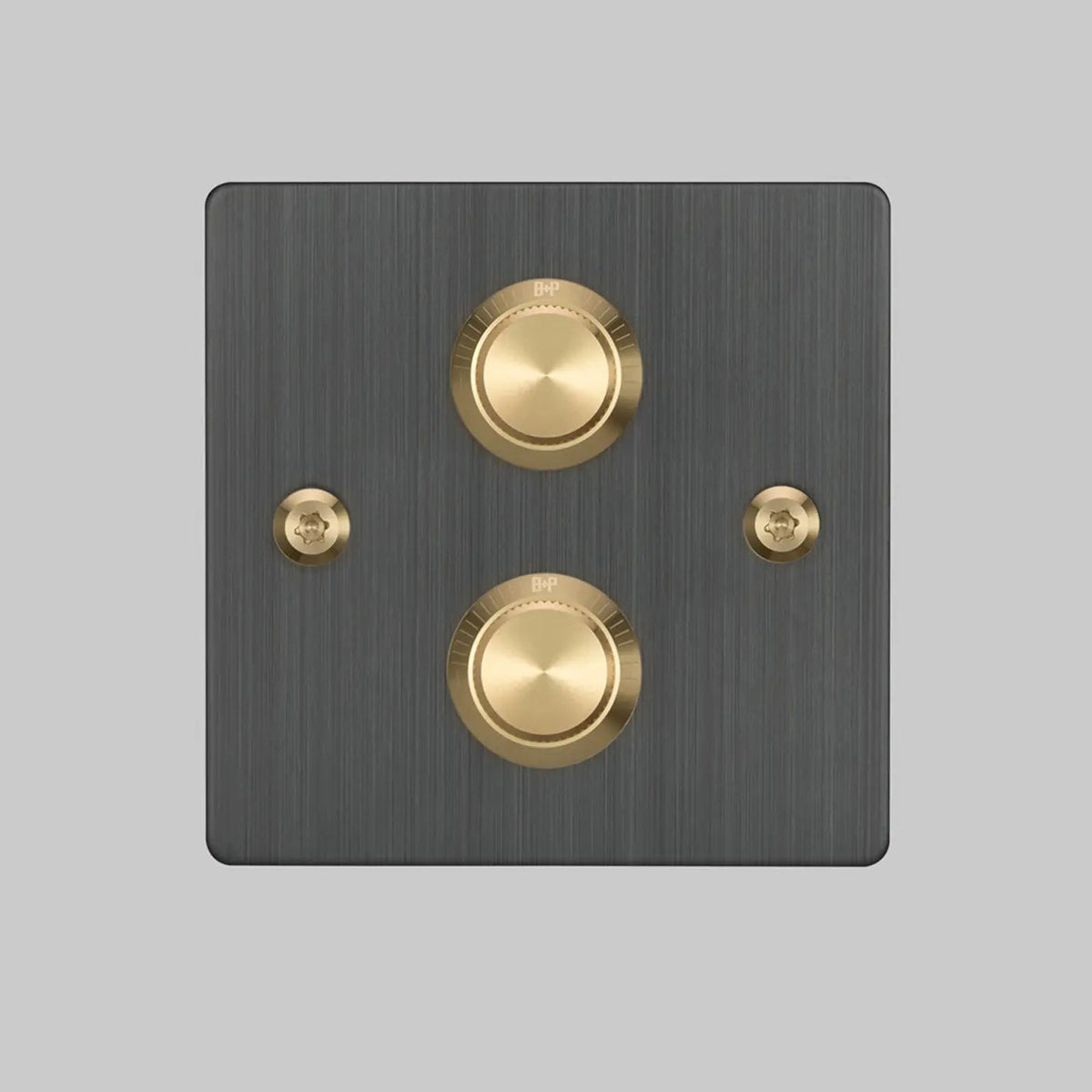 Two Gang 2 Way Dimmer Light Switch in Smoked Bronze with Brass Linear Knurled Knob