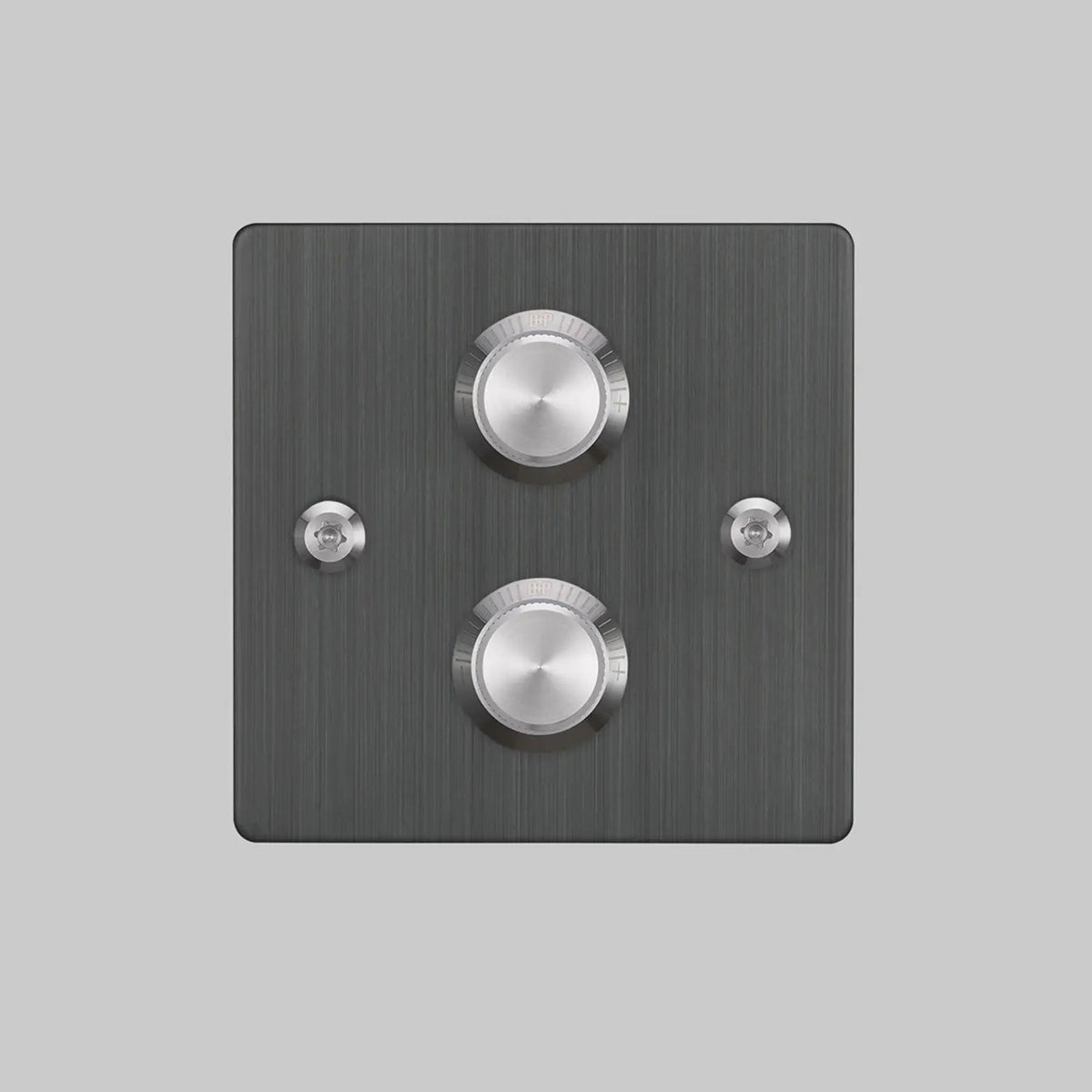 Buster and Punch two gang two way dimmer light switch in smoked bronze with steel linear knurled knobs