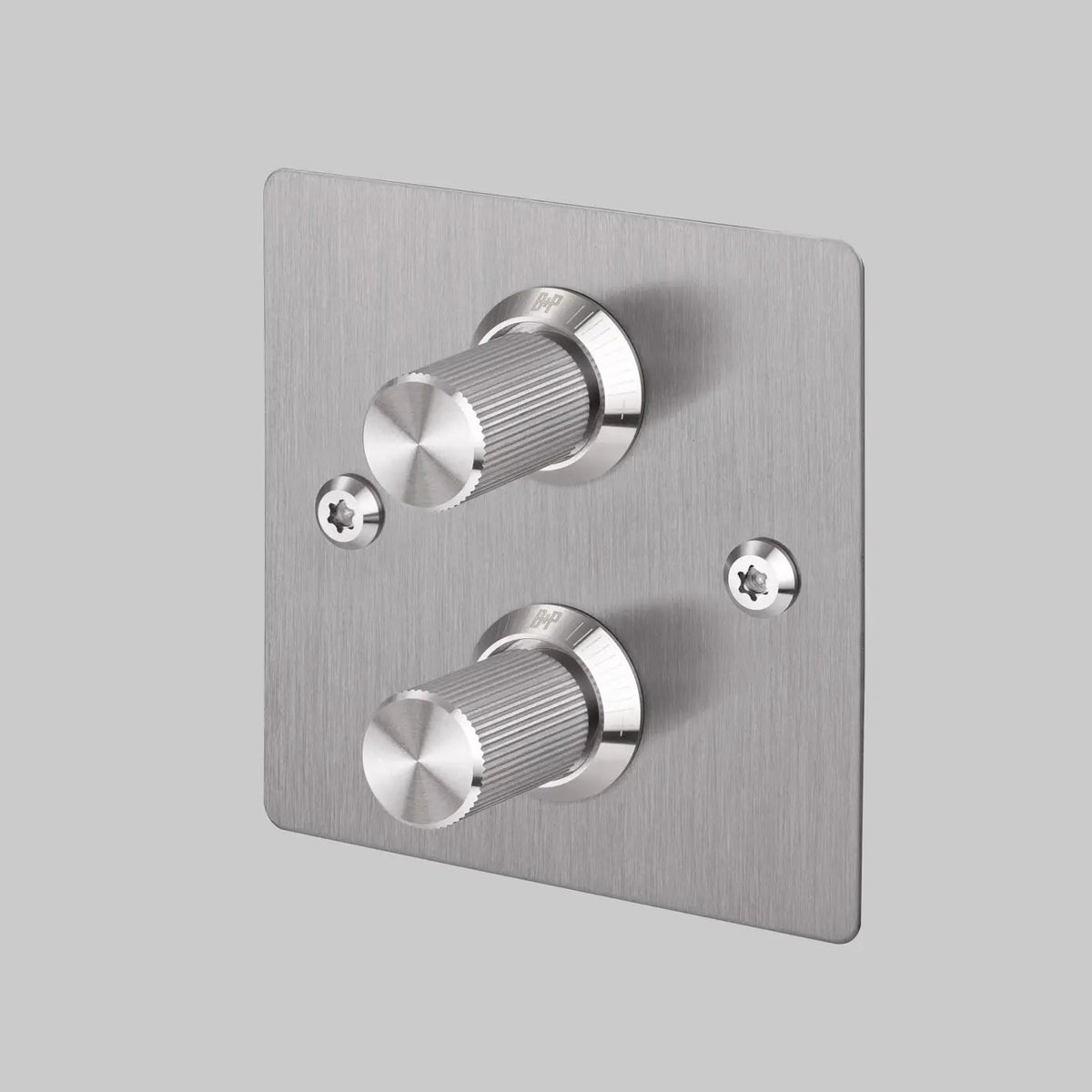 Brushed stainless steel double dimmer switch with two knurled rotary knobs