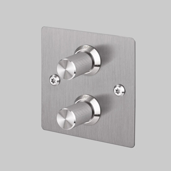 Brushed stainless steel double dimmer switch with two knurled rotary knobs