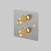 Two Gang 2 Way Dimmer Light Switch in Steel with Brass Linear Knurled Knob