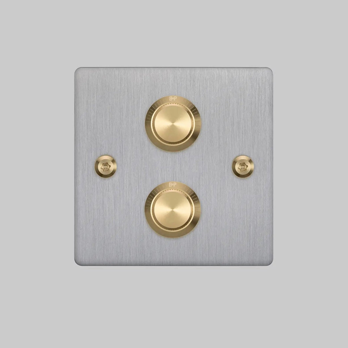 Two Gang 2 Way Dimmer Light Switch in Steel with Brass Linear Knurled Knob