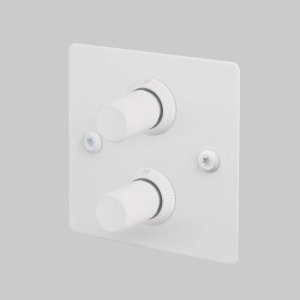 White square light dimmer switch with two ribbed knobs and two screws