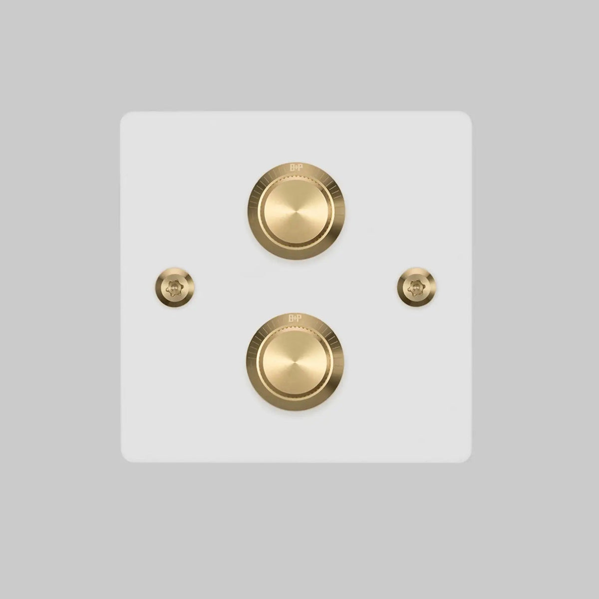 Two Gang 2 Way Dimmer Light Switch in White with Brass Linear Knurled Knob