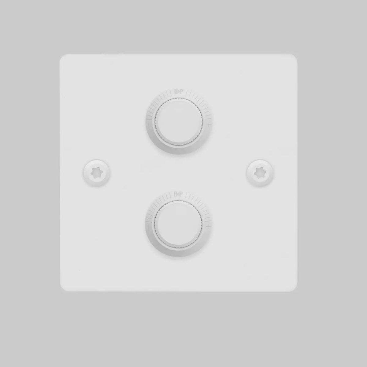 White double dimmer switch with two rotary controls and two visible screws