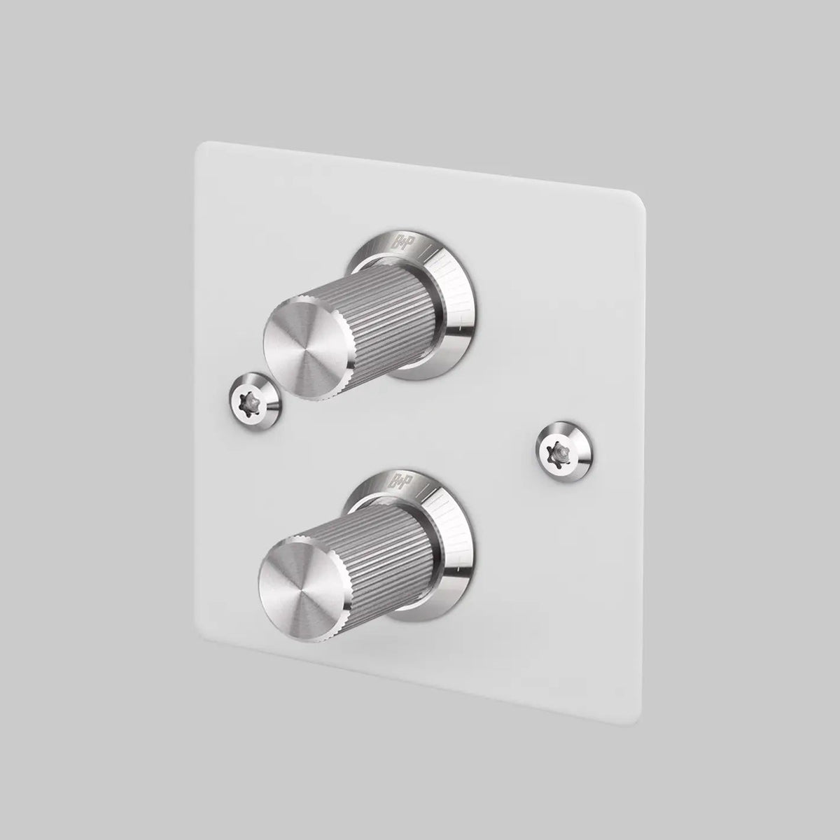 Buster and Punch two gang two way dimmer light switch in white with steel linear knurled knobs