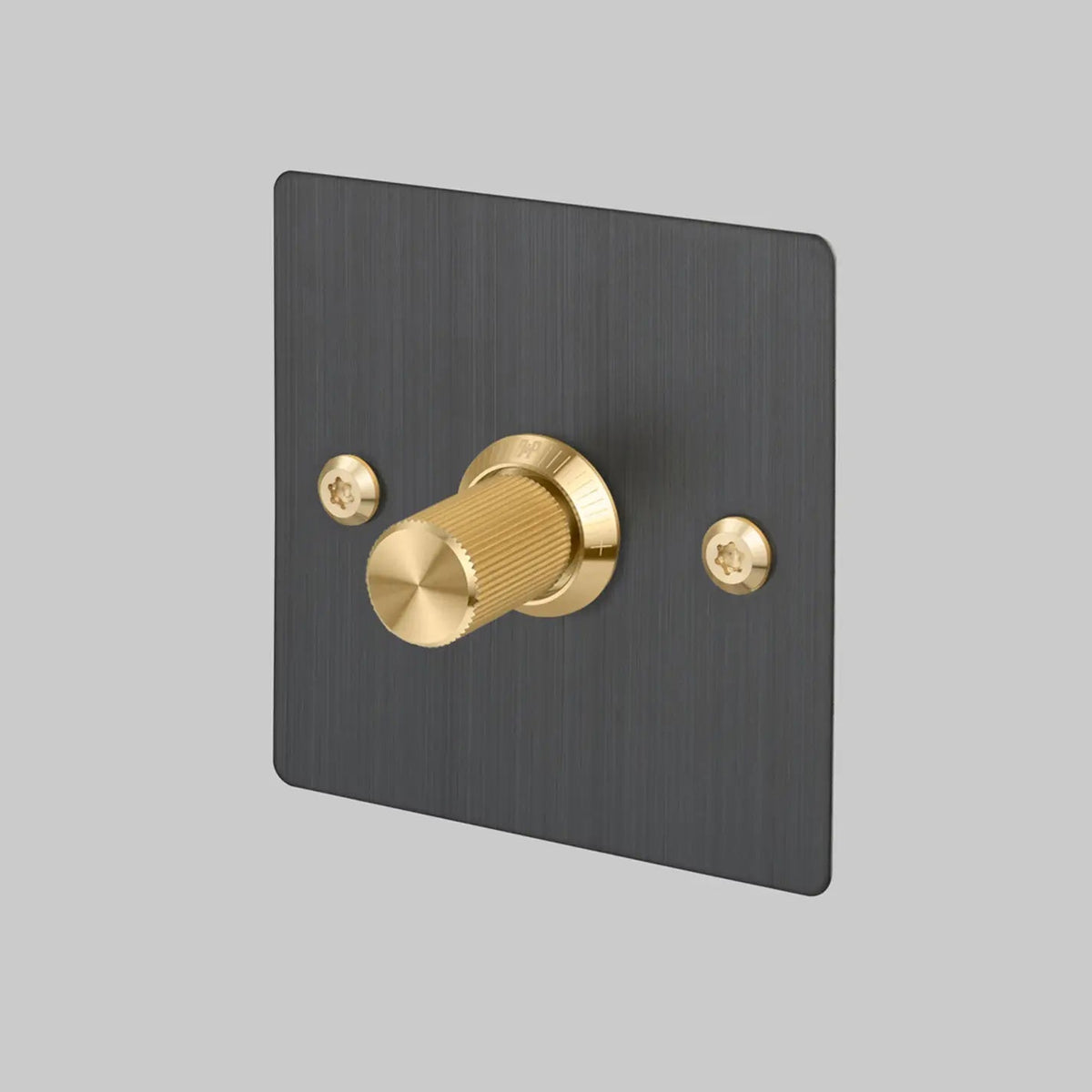 One Gang 2 Way Dimmer Light Switch in Smoked Bronze with Brass Linear Knurled Knob