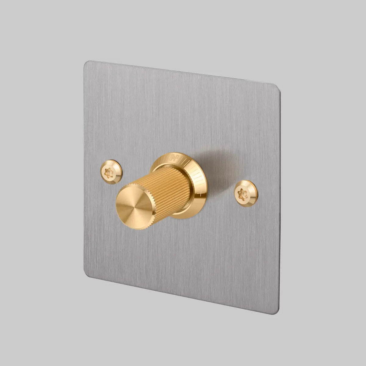One Gang 2 Way Dimmer Light Switch in Steel with Brass Linear Knurled Knob