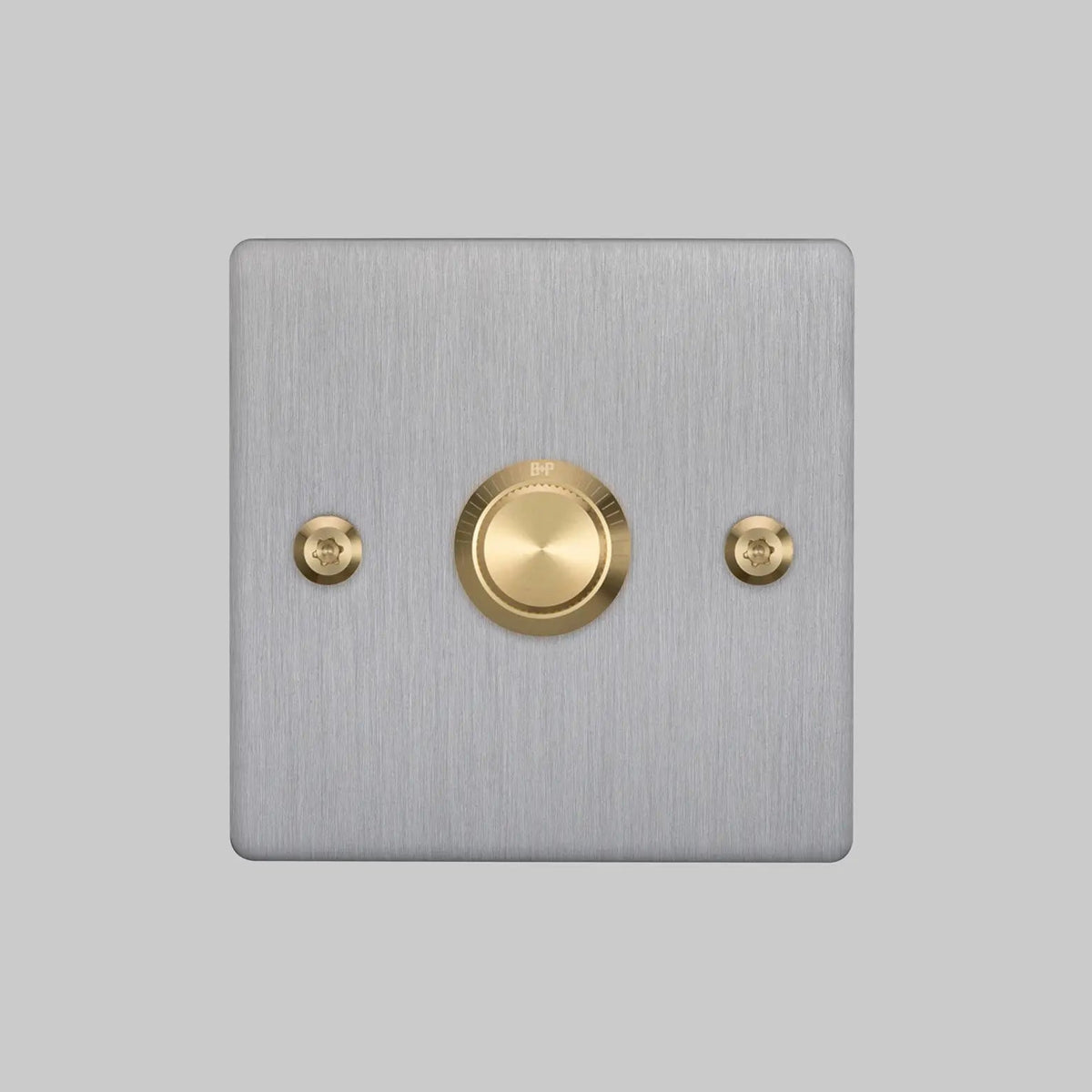 One Gang 2 Way Dimmer Light Switch in Steel with Brass Linear Knurled Knob