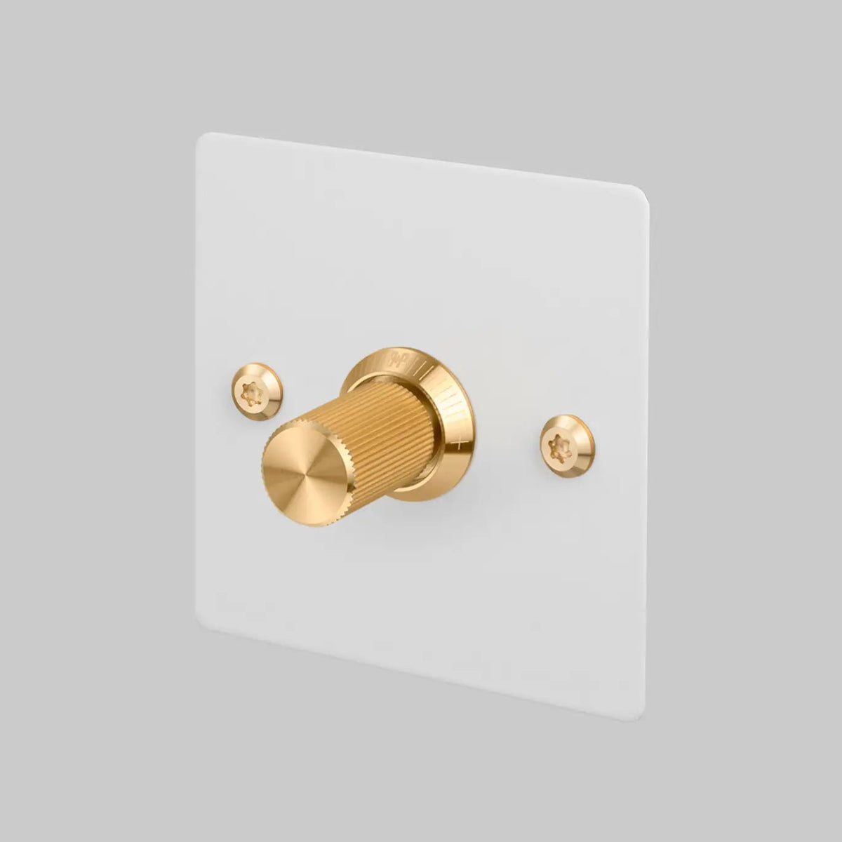 One Gang 2 Way Dimmer Light Switch in White with Brass Linear Knurled Knob
