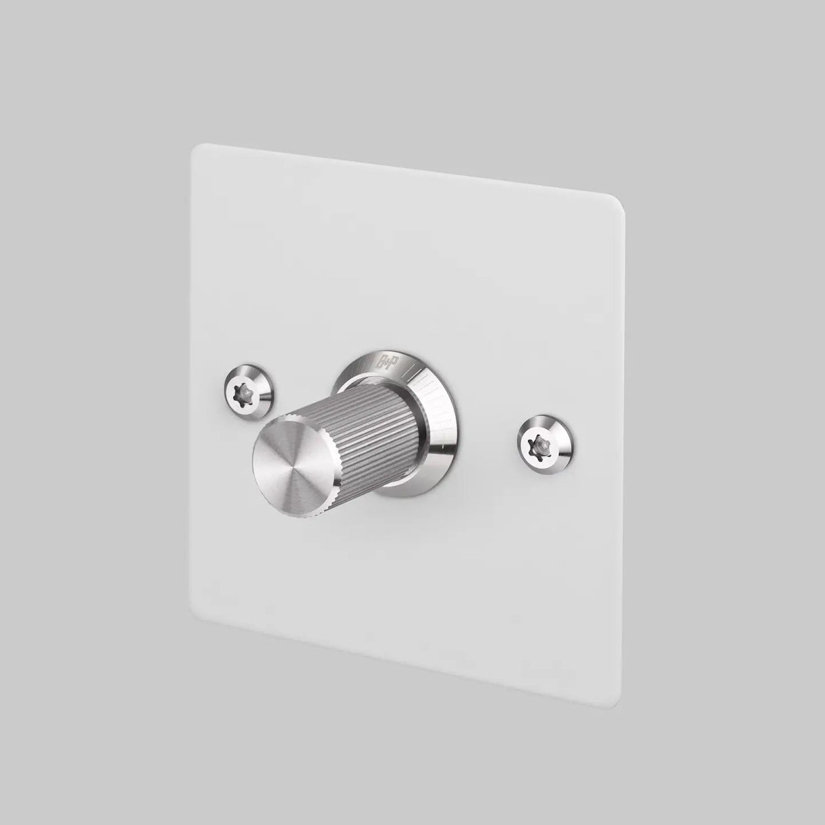 One Gang 2 Way Dimmer Light Switch in White with Steel Linear Knurled Knob