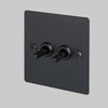 Two Gang 2 Way Light Switch in Black with Linear Knurled Toggles